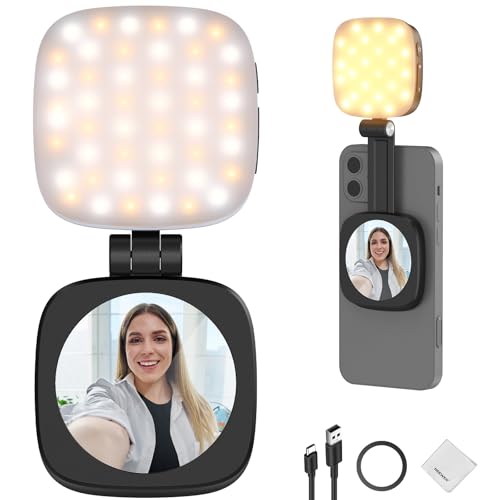 NEEWER BÁSICO Luz Magnética Selfies Compatible con iPhone MagSafe, Mini Soporte LED Teléfono Escritorio, Aro Luz con Espejo/Paño impieza para Zoom Maquillaje Grabación Videoconferencia, Negro NL48B