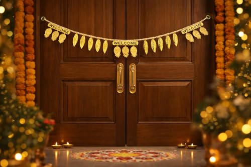 Image of Rajasthan Kraft Handmade Shubh Labh Door Toran with Beads & Leaves - 40 Inch, Perfect for Home & Festive Decor, Housewarming Gift (T0015)