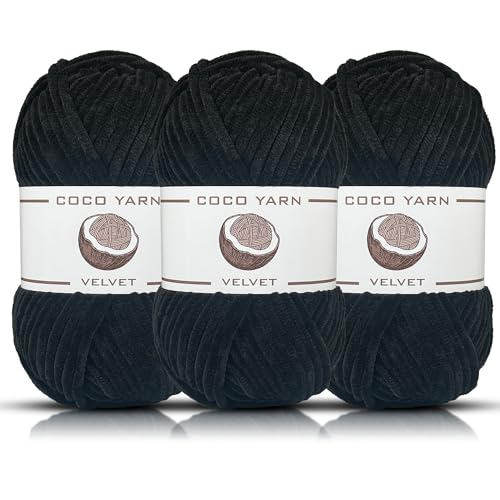 Velvet Yarn for Crocheting – CocoYarn - Chenille Chunky Yarn for Hand Knitting, Fluffy Soft Plush Amigurum Bulky Baby Blanket Yarn for Crochet 100g -131yds (3, Black-11)