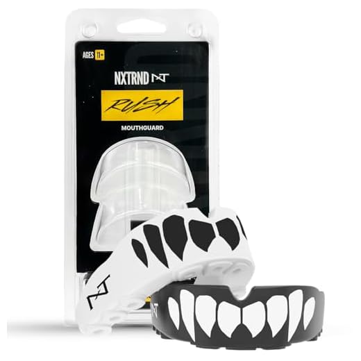 2 Pack Nxtrnd Rush Mouth Guard Sports, Professional Mouthguards for Boxing, Jiu Jitsu, MMA, Wrestling, Football, Lacrosse, and All Sports, Fits Adults, Youth, and Kids 11+ (B&W Fang)