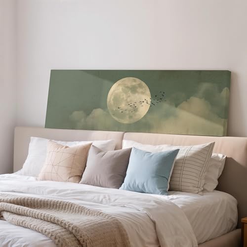 Tableau Vol d'oiseaux et lune grand format paysage verdoyant 60x180