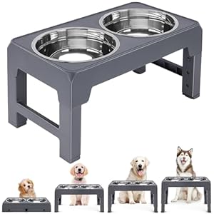 HDYEGIOU Elevated Dog Bowl, Rasied Dog Bowl with 2 Stainless Steel Dog Bowls,4 Heights Adjustable for Small Medium Large Dogs and Pets,Grey