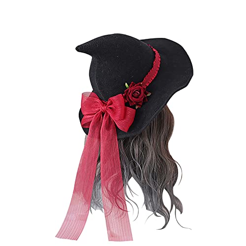 TINAYAUE Dark Novel Gothic Black Knitted Witch Hat with Rose Flower Bowknot for Women Girls Wide Brim Pointed Modern Wizard Cap Halloween Cosplay Carnival Fancy Dress Party Christmas Costume Headgear