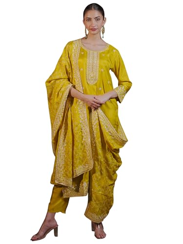 Image of INDO ERA Women's Embroidered Silk Blend Calf Length Straight Kurta Pant And Dupatta Set (KH9MR6194)