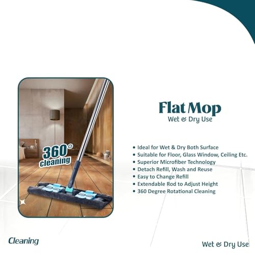 Image of Multipurpose Wet and Dry Cleaning Microfiber Flat MOP Floor Cleaning Mop with, 360 Degree Rotating Head and Telescopic Handle Steel Rod Long Handle Dry Mops