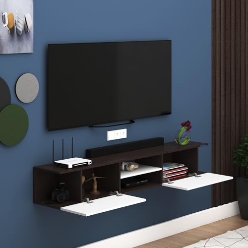 Image of Anikaa Nimbus Wall Mount TV Unit Cabinet | Modern Entertainment Center with Storage, Drawers, Shelves & Soft-Close Doors | Stylish Floating TV Stand for Up to 50 inch TVs - Wenge /White (DIY Installation)