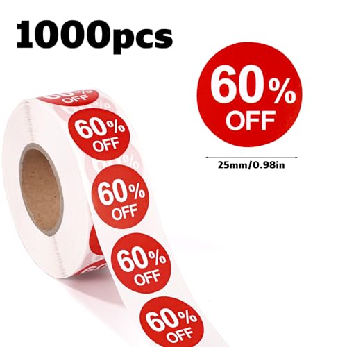 Tinoaly 1000uds Pegatinas de 60% Descuento, Pegatinas Redondas de 25mm Autoadhesivas 60 Porciento Descuento Etiquetas Promoción Prácticas Venta para Tiendas Minoristas Supermercados (Rojo) - imagen 2
