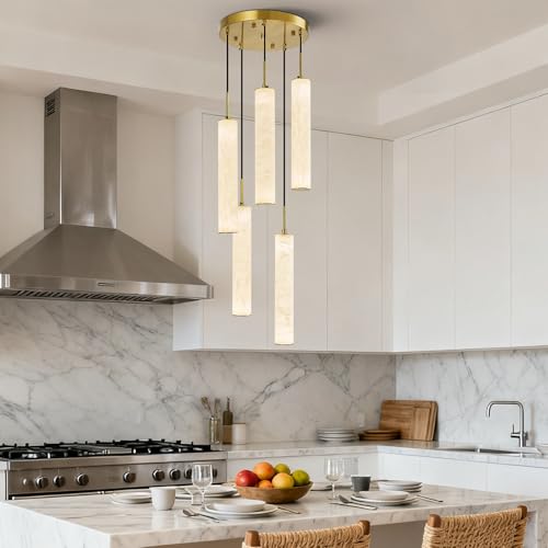Image of LMQNINE Natural Alabaster Pendant Lights for Kitchen Island White Marble Long Tube Chandelier 4000K Modern Gold Ceiling Light Fixtures for Bedroom Dining Room Table Living Room Hallway(M-5Light)