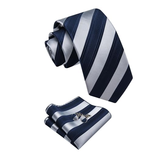 Image of YourTies Striped Ties for Men Classic Woven Silk Necktie with Handkerchief Cufflinks Set Formal Business Party Wedding