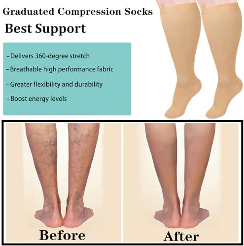 YYOOUU 2 Pairs Plus Size Compression Socks for Men Women, Wide Calf Extra Large Knee High Support Socks for Sport Running, Cycling, Athletic, Hiking, Nurse