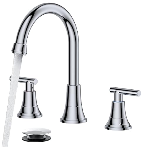 FORIOUS Chrome Bathroom Faucet Vanity 3 Holes, 8 Inch Widespread Polished Chrome Faucet for Bathroom Sink 3 Piece with Pop-up Drain and 360 Degree Swivel Spout, Silver Rv Lavatory Tap