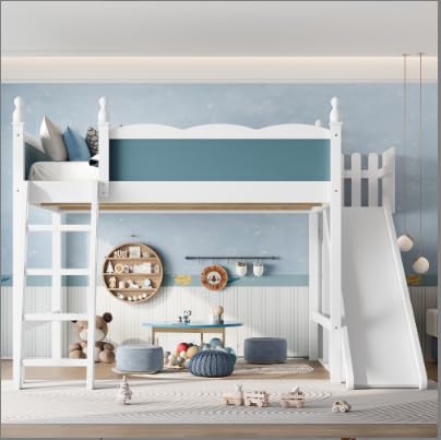 Image of Queen Size Loft Bed with Storage Shelves, Cabinet & Detachable Slide and Ladders, Solid Wood Kids Loft Bed for Space-Saving, Playful & Organized Bedroom (Blue+Light White1, Queen)