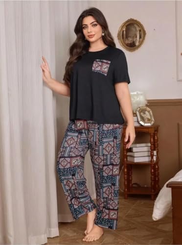 Image of Celary Women's Cotton Blend Printed Night Suit Set||Soft & Breathable Short Sleeve Top & Ethnic Print Pyjama Set||Also Available in Plus Size||Korean Night Suit||Comfortable Home Wear & Sleepwear