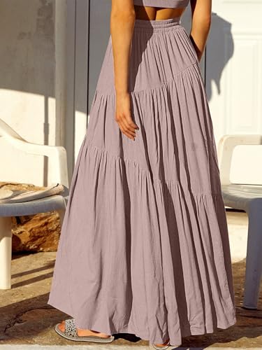 ANRABESS Women’s Boho Elastic High Waist Pleated A-Line Flowy Swing Asymmetric Tiered Maxi Long Skirt Dress with Pockets