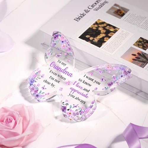 Image of Gifzy Gifts for Grandma, Grand ma Birthday Gift, Unique Purple Butterfly Acrylic Plaque Desk Decor, Grandma Birthday Mothers Day Thanksgiving Grandparents Day Gifts for Grandmother Nana, 5 x 5 x 0.5 inches