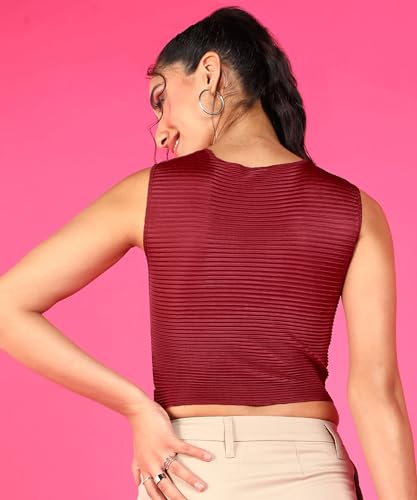 Image of POPWINGS Casual Self-Design Wrinkle Round-Neck Sleeveless Crop Top for Women || Summer Wear Crop Tops for Women || Stylish Western Regular Wear Women Crop Tops