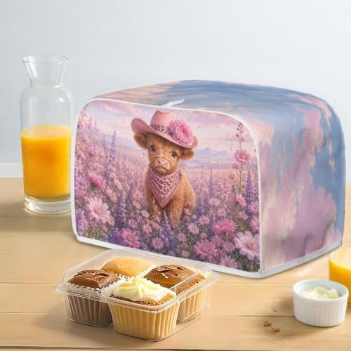 Image of Talayituse Lavender Daisy Highland Cattle Print 2 Slice Toaster Dust Covers Kitchen Small Appliance Cover, Stain Resistant Dust Protection Bread Machine Cover with Top Handle, S