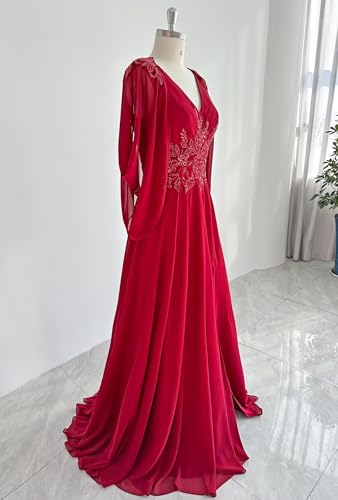 Lace Chiffon Mother of The Bride Dresses 2025 with Slit Sequin Beaded Formal Dresses V Neck Evening Gown with Cape Sleeve3