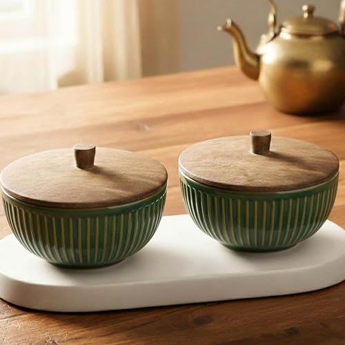 Image of The Earth Store Glam Green Ceramic Bowl Set of 2 - 500ML Each with Nob Wooden Lid | Mixing Bowls for Snacks, Rice, Dal, Fruits, Salad Microwave Safe Bowl with Lid Perfect Gifting & Daily Use