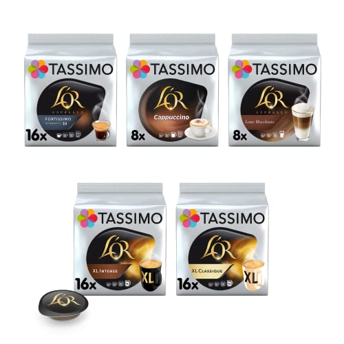 Tassimo, Assortiment de 64 Dosettes Café L'OR, Compatibles avec les machines, XL Classique/Intense, Espresso Fortissimo, Cappuccino, Latte Macchiato, Lot de 5...
