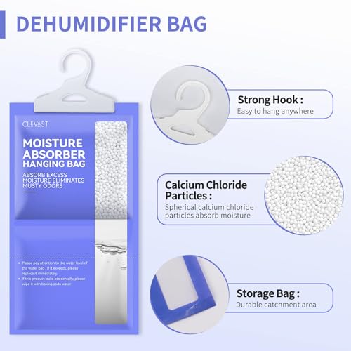 CLEVAST 10 Pack Wardrobe Dehumidifier Hanging Bags, Hanging Dehumidifiers for Wardrobes, Moisture Absorber for Wardrobe, Cupboards, Bedrooms, Washrooms, Basement, Office – 230g Each