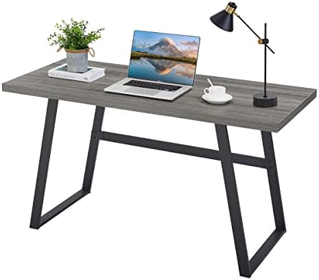 BON AUGURE Grey Writing Wood Computer Desk, Industrial Modern Home Office Desks, Wood and Metal Study Work Table (55 Inch, Dark Grey Oak)