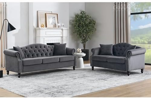 Amazon.com: 2 Piece Grey Velvet Chesterfield Sofa Set for Living Room ...