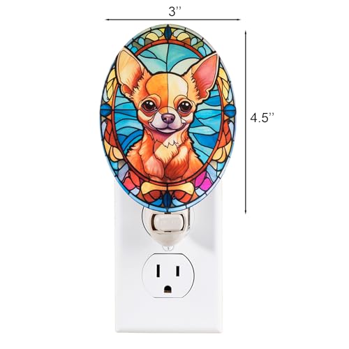 Image of Dog Night Light Chihuahua, Stained Glass Styled Plug-in Wall Nightlight, Bulb Included, Pet Memorial Dog Lover Gift, Bedroom Hallway Bathroom Decor, Manual On /Off Switch
