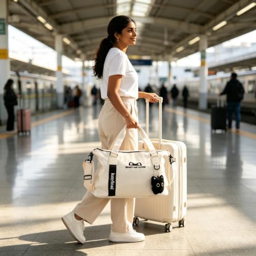 Image of PALAY Travel Bag Beige Waterproof Nylon Duffle Bag for Gym with Cat Charm | Large Capacity, Water-resistant Fabric, Letter Cat Ear Design, Removable Strap, Carry on Tote for Dance, Workout, Travelling