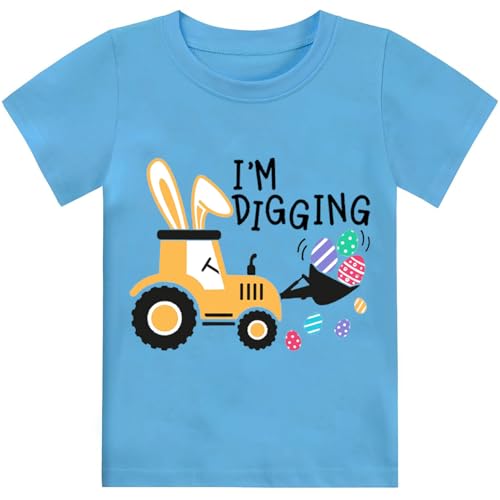 Image of Toddler Boys Easter Shirt Short Sleeve Kids Digger Eggs Hunt T-Shirt Cotton Dinosaur Bunny Outfits Tee Top 2-7 Years