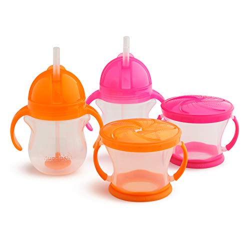 Munchkin® Happy Snacker Snack Catcher® and Any Angle™ Weighted Straw Trainer Cup Set, 4 Pack, Pink/Purple