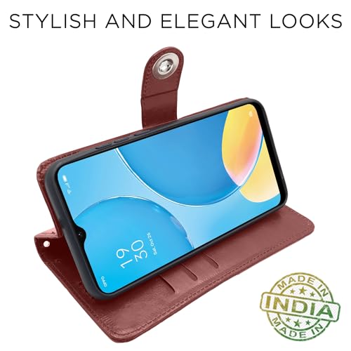 Image of Pikkme Oppo A15 / A15s Flip Cover Leather Finish | Inside TPU with Card Pockets | Wallet Stand and Shock Proof | Complete Protection Button Flip Case (Brown)