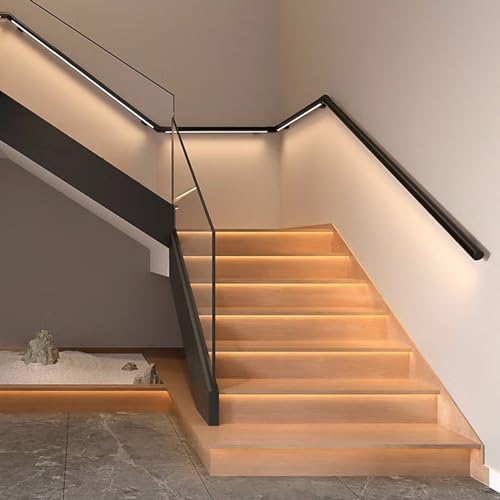 LED Handrails for Indoor Stairs, Illuminated Rustic Black Industrial Pipe Railing, 90° Corner Connector, Modern Handrail with LED Lighting for Enhanced Safety and Style