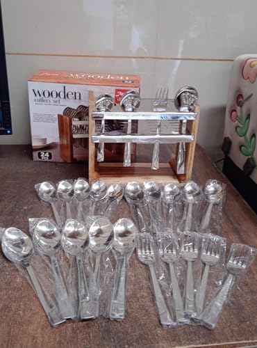 Image of Premium Wooden Cutlery Set Eco-Friendly Utensils for Sustainable Dining and Entertaining,Wooden Hanging Stand, 6 Tea Spoons,6 Table Spoons,6 Table Forks,6 Dinner Spoon, Spoon Set(24 Piece)