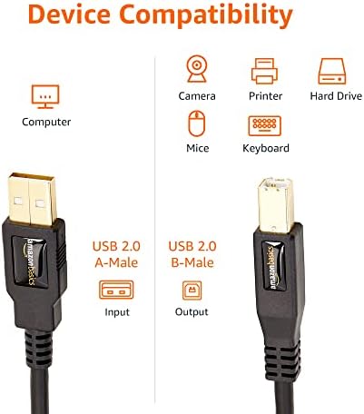Amazon Basics USB-A to USB-B 2.0 Cable for Printer or External Hard Drive, Gold-Plated Connectors, Black, 10 Foot - 2