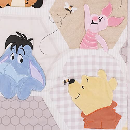 Disney Winnie The Pooh Hugs And Honeycombs Grey, White, And Tan Patchwork With Piglet, Tigger And Eeyore 3 Piece Crib Bedding Set - Comforter, 100% Cotton Fitted Crib Sheet, And Crib Skirt #TOP5