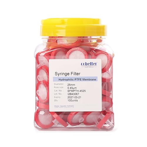 Image of Syringe Filter Hydrophilic PTFE, 0.45μm 25mm, Non-sterile, PK of 100 | Syringe Lab Filters, Hydrophilic PTFE, Female Luer Lock & Male Luer Slip, for Strong Solvents / Acids / Bases