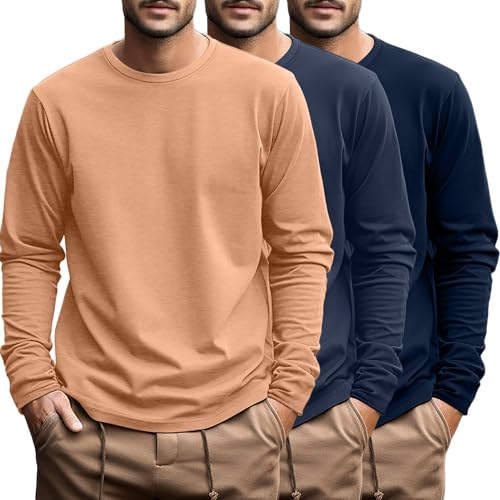 Ficerd 3 Pack Mens Big and Tall Shirts Long Sleeve Cotton Tee Crew Neck Oversize Tops Casual Loose Fit Knitted T Shirts(Navy Blue Dark Haze Blue Light Orange Large)