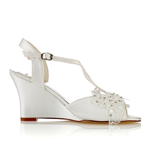 Emily Bridal Lace Wedding Shoes Ivory Peep Toe Flowers Detail Wedge Shoes Ankle Strap Bridal Shoes3