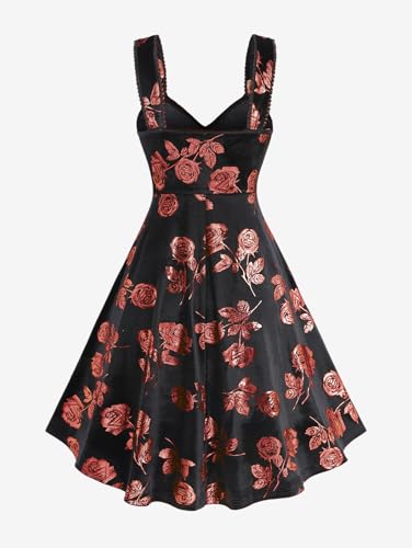 Image of Rosegal Women Plus Size Gilding Rose Lace Up Velvet Sleeveless Swing Dress