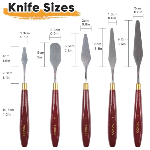 Image of CONDA 5 Pcs Palette Knife Painting with 3 Plastic Scrapers, Stainless Steel Spatula Palette Knife Oil Paint Metal Knives Wood Handle