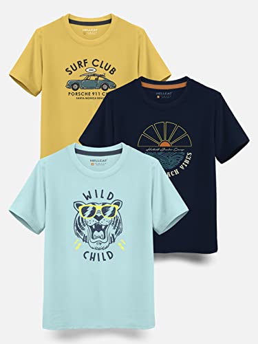 Image of HELLCAT Boys Round Neck Printed Blended Cotton Tshirt -Combo Pack of 2 - Orange /Blue