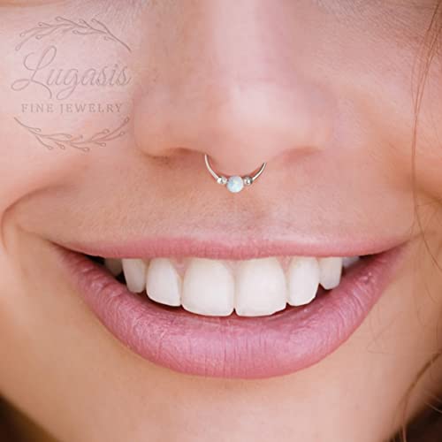 Tiny Clip On Septum Piercing - Hypoallergenic Silver Faux Septum With 3Mm White Opal - Handmade 925 Silver 20 Gauge Fake Septum Hoop #TOP1