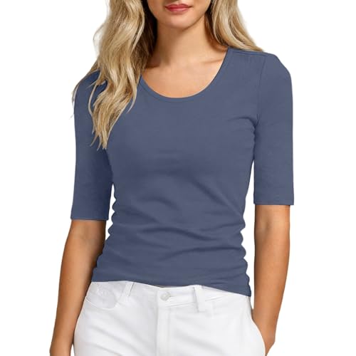 Camiseta de Manga Media Ajustada con Cuello Redondo y Color Liso, Prenda básica para Uso Casual y para Combinar con Otras Capas, de Viscosa, Transpirable y Ajuste Relajado, Ideal para Ocio