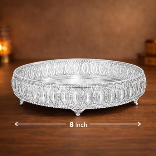 Image of German Silver Decorative Tray with Legs Stand | Round 8 inch Serving & Pooja Thali | Premium Embossed Design | Home Decor & Festive Gift Tray