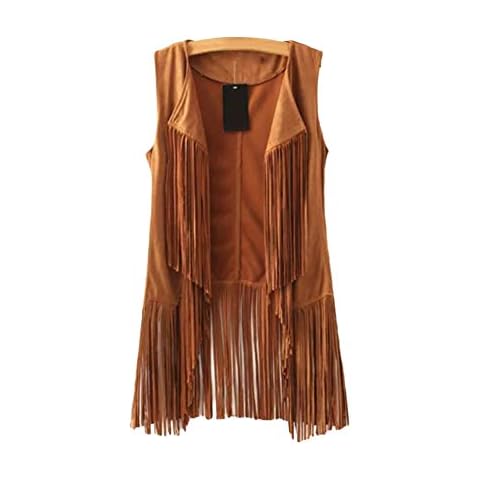 Women Sleeveless Tassels Waistcoat Ladies Faux Suede Ethnic Vest Waistcoat Ethnic Sleeveless Vest Cardigan (Tag L(UK 10-12), Coffee) Cover