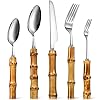 Eboot Bamboo Silverware Set 188 Stainless Steel Tableware Set Natural Utensil Flatware Kit Spoon Fork Knives Bamboo Handle Cutlery for Kitchen Wedding Home Restaurant PartySilver30 Pieces