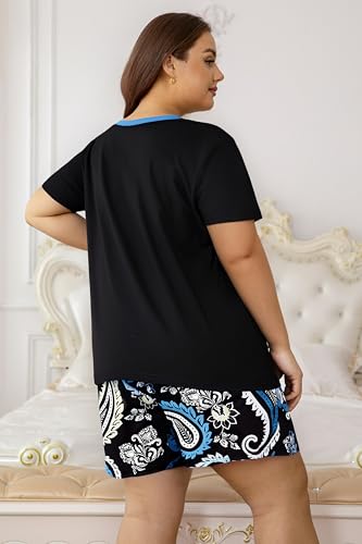 Image of Vozanet Women's Short Sleeve Top and Shorts Pajama Sets Plus Size V Neck Colorful Flower Nighty Loungewear With TWO Pockets