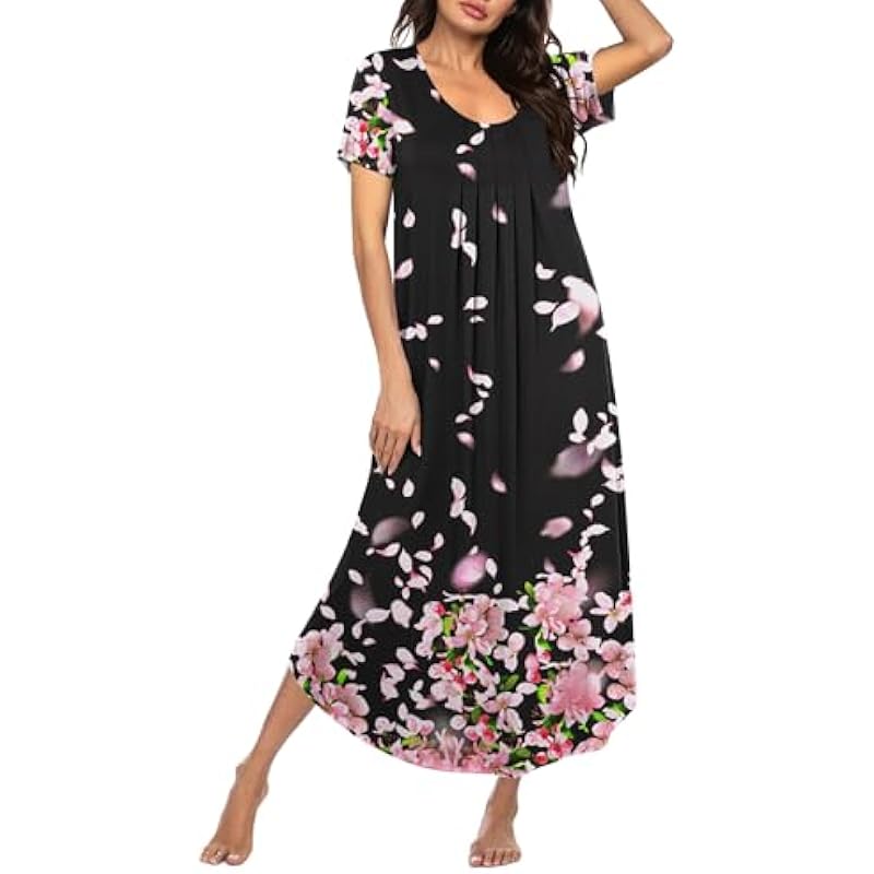 Ekouaer Long Nightgowns for Women House Dress Plus Size Sleepwear Pleated Full Length Loungwear S-4XL