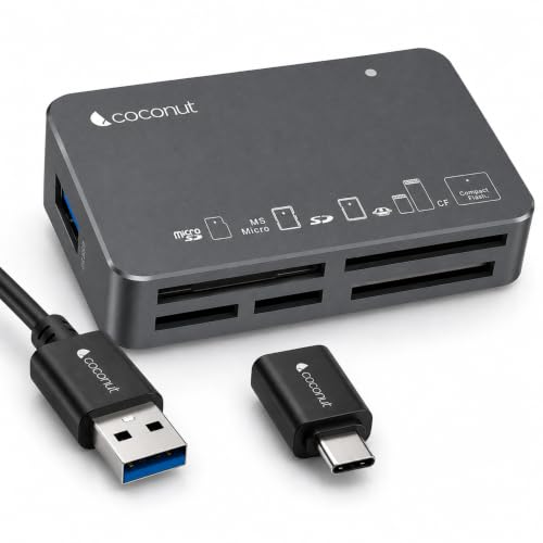 Image of Coconut CR11 USB 3.0 Card Reader with Type C 3.1 OTG, 6 in 1 Memory Card Adapter Compact Flash CF, TF, SD, MicroSD, SDHC, SDXC, MS Upto 10 Gbps Speed for Windows & Mac - PC Laptop Mobile - Black | 6 in 1 Memory Card Adapter, Compact Flash CF, TF, SD, MicroSD, SDHC, SDXC, MS, Upto 10 Gbps Speed